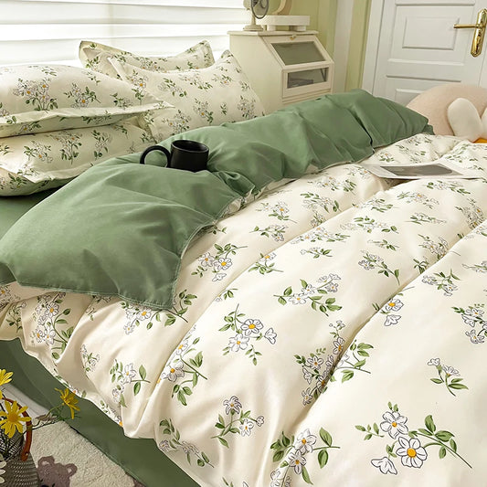 Olive Floral Printed Duvet Cover Set With Sheet Comforter Pillowcases