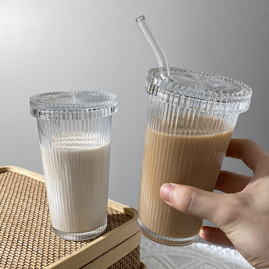 Luxury Vertical Striped Glass With Lid Straw