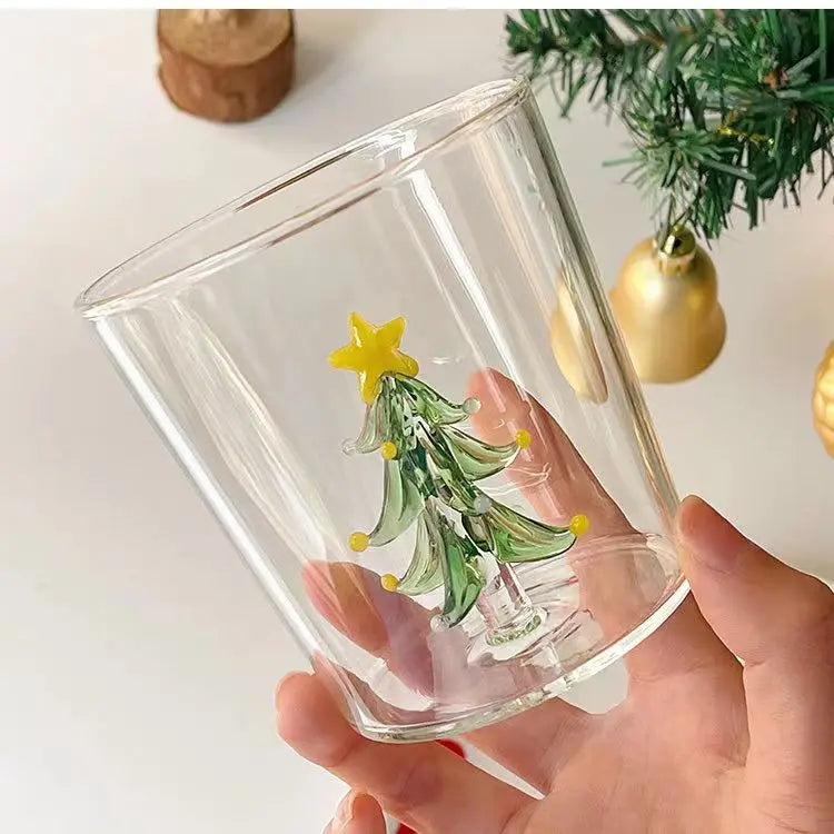 Cute Creative Hand Blown Glass Cup with Beautiful 3D Christmas Tree Rose Durable Glass Mug Creative Wine Glasses Ideal Gift